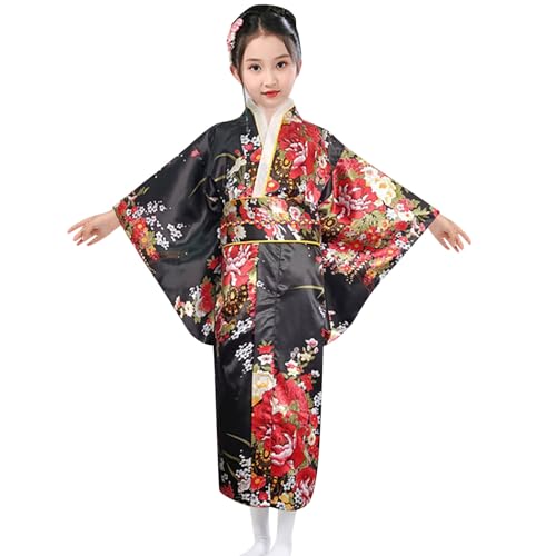 Generisch 2025 Japanisches traditionelles Kleid Kimono Robe für Kinder Mädchen Yukata Kimono Anime Cosplay Robe Bademantel Kinder Gr. (Black, 9-10 Years) von Generisch