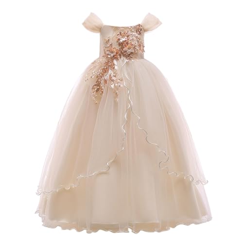 Generisch 2025 - Kinder Kleid Prinzessin Kleid Linie Schulter Mädchen Leistung Lange Pommel Party Mädchen S (Beige 10-12 Years) von Generisch