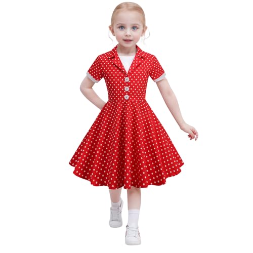 Generisch 2025 - Kurzärmliges Vintage-Kleid mit Punkten für Kinder im 50er-Jahre-Stil für Mädchen Halloween Mädchen (Red 7-8 Years) von Generisch