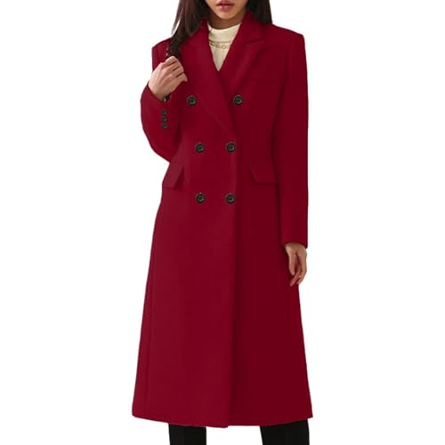 Generisch 2025 Lässiger Langer zweireihiger Fester Wollmantel mit Taschen Wollmantel Winter Regenjacke Damen (Red, S) von Generisch