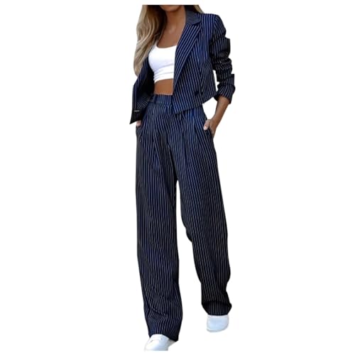 Generisch 2025 Lässiges Anzugset für Damen mit gestreiften Shorts, geradem Bein Hosenanzug Damen Festlich Elegant Für Hochzeit (Blue, S) von Generisch