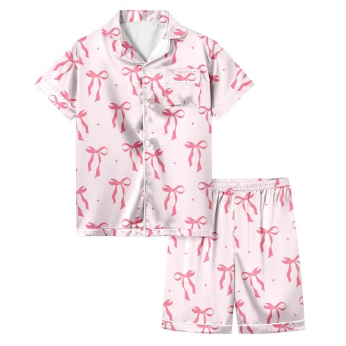 Generisch 2025 Mädchen Pyjama Set mit Schleife und Aufdruck, kurzärmlig, Oberteil mit Knopfleiste, Shorts Langarmshirt (12-13 Years) von Generisch