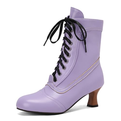 Generisch 2025 Modische Stiefeletten für Damen mit runder Zehenpartie niedrigem Absatz, rutschfest, zum Schnüren, seitlichem Reißverschluss, wadenlange Stiefel Herren 39 (Purple, 40) von Generisch