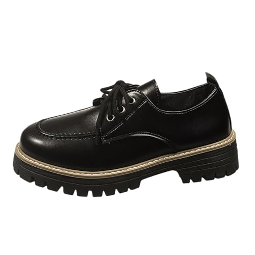 Generisch 2025 Neue Damen Freizeitschuhe, modisch, einfarbig, zum Schnüren, Mary Jane-Plateau, Bequeme Leder-Loafer für jeden (Black, 42) von Generisch