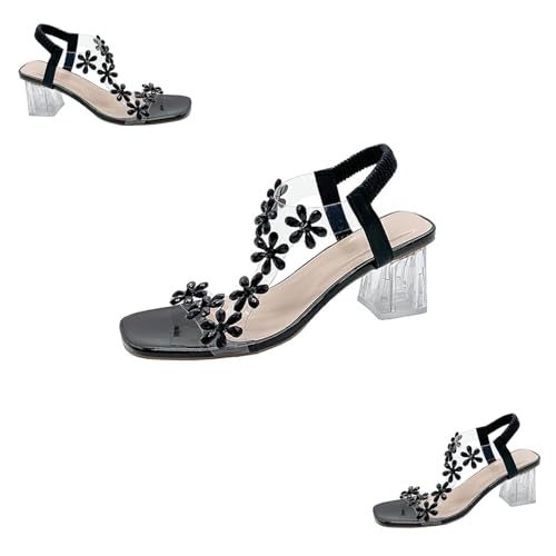 Generisch 2025 New Women's Flower Rhinestone Block Heel Sandals, Clear Block Heels Party Wedding Low Sandals (Black,39) von Generisch