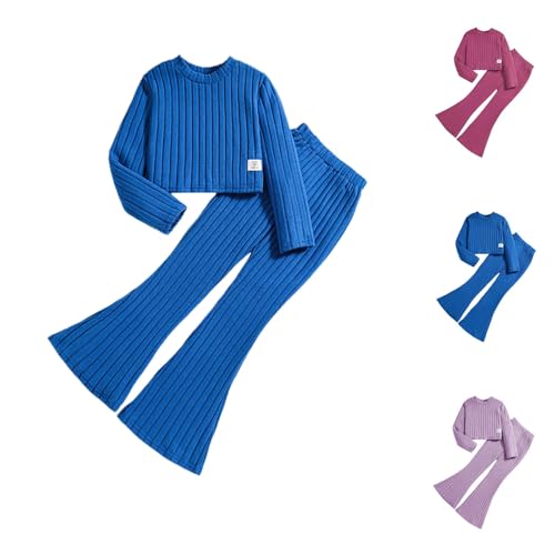 Generisch 2025 Schlafanzug für Mädchen Einfarbig 2 Teiler Pyjama Set Stricken Schlafanzüge Mit Langarm Schlaghosen Hosen Nachtwäsche Thermo Bequem Atmungsaktiv Outfit Kinder 7-12 Jahre Alt von Generisch