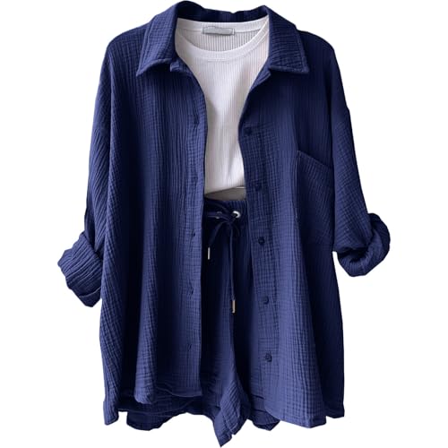 Generisch 2025 Sommer Zweiteiler Damen Elegant Musselin Bluse Und Shorts Aesthetic Lounge Set Baumwolle Sportanzug Oversize Freizeitanzug Langarm Hohe Taille Hausanzug Y2K Clothes Longshirt Generisch 2025 Sommer Zweiteiler Damen Elegant Musselin Bluse Und Shorts Aesthetic Lounge Set Baumwolle Sportanzug Oversize Freizeitanzug Langarm Hohe Taille Hausanzug Y2K Clothes Longshirt von Generisch