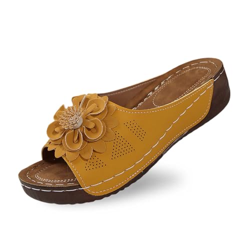 Generisch 2025 Stilvolle Damen-Slipper mit offenem Zehenbereich Keilabsatz, Lederoberteil Blumenmuster sind Bequeme Schuhe mit Temperament (Yellow, 39) von Generisch