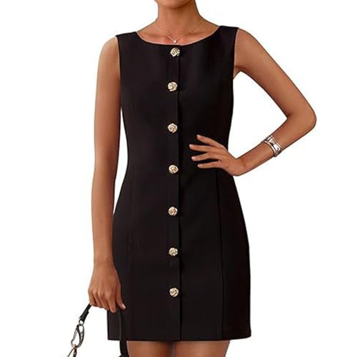 Generisch 2025 Summer Elegant Business Office Work Outfits Summer Sleeveless Button Down Short Business Dress (Black, S) von Generisch