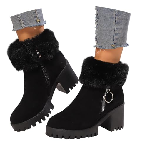 Generisch 2025 Winter Einfarbig Reißverschluss Dicker Absatz Warme Stiefel Kurze Stiefel Fahrrad Schuhe Damen (Black, 41) von Generisch