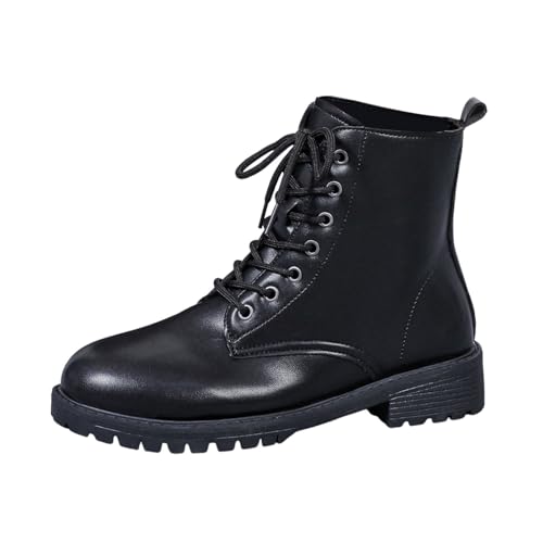 Generisch 2025 Winter runde Zehenpartie mit seitlichem Reißverschluss Schnürung Schwarz Modische Übergröße Kurze Stiefel mit Dicker Sohle Stiefeletten Damen Schuhe (Black, 40) von Generisch