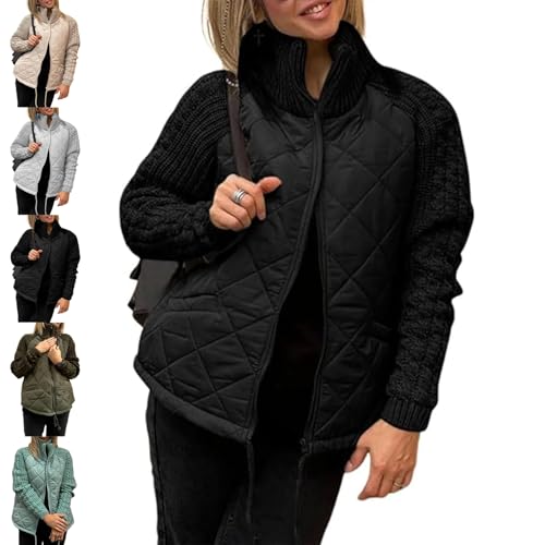 Generisch 2025 neue Damen Strick Patchwork Puffy Jacke Mode Cropped Zipper Langarm Stehkragen Mantel Stepp Leichte Jacken (Schwarz,L) von Generisch
