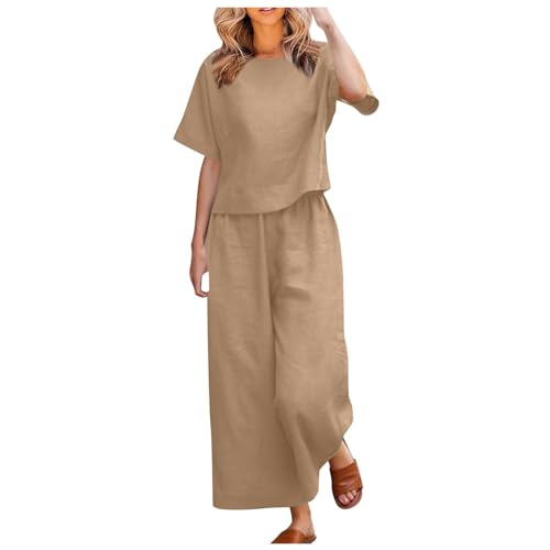 Generisch 2026-2-teiliges Leinen-Outfit-Set für Damen, Baumwolle, kurzärmelig, Hemd, Hose mit weitem Bein, Zweiteiliger Trainingsanzug Damen Kleidung Winter (Khaki, XXXL) von Generisch