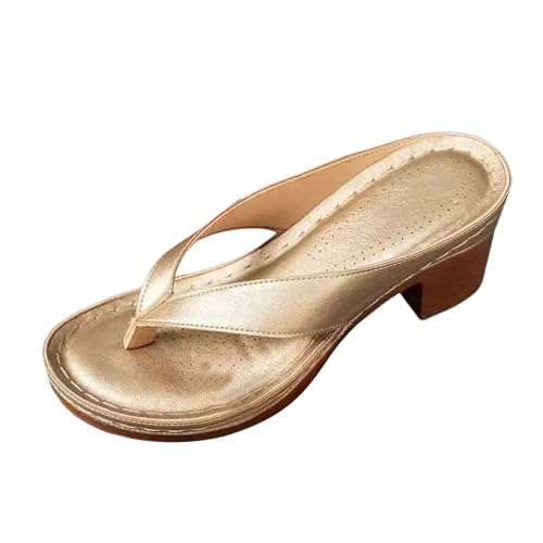 Generisch 2026 Damen Sommerschuhe Sandalen Slipper Casual Open Toe Square Heels Bequeme Strandschuhe Print Damen Schuhe (Gold, 42) von Generisch