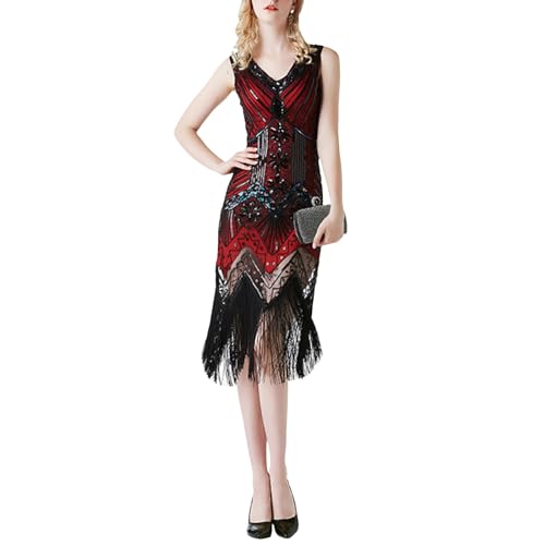 Generisch 20er Jahre Flapper Charleston Kleid Pailletten Perlen Quasten Gatsby Kostüm Kleid 1920s Vintage Cocktailkleid Abendkleid Partykleid Damen Fasching Kostüm Fransenkleid von Generisch