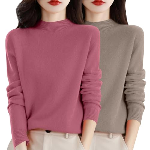 Generisch 2Er Pack Damen Pullover Herbst - Merinowolle Strickpullover Winter Rundhals Pulli Langarm Sweatshirt Einfarbiger Sweatshirts Ohne Kapuze Winterpullover Warm Strickpulli Winter Wollpullover von Generisch