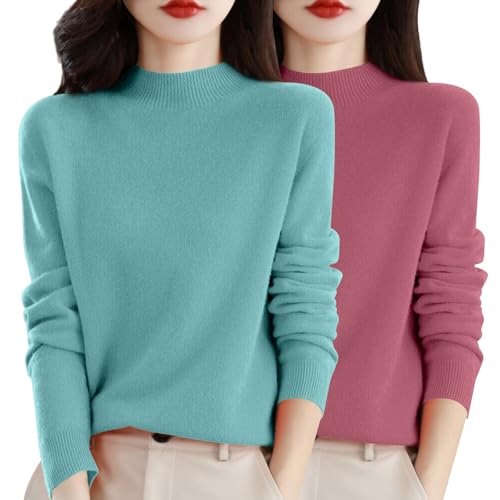 Generisch 2Er Pack Damen Pullover Herbst - Merinowolle Strickpullover Winter Rundhals Pulli Langarm Sweatshirt Einfarbiger Sweatshirts Ohne Kapuze Winterpullover Warm Strickpulli Winter Wollpullover von Generisch