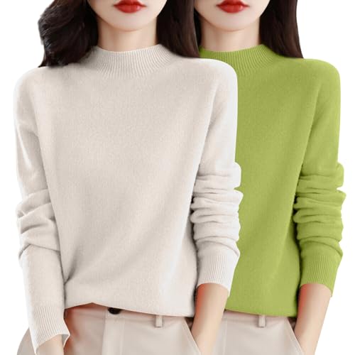 Generisch 2Er Pack Damen Pullover Herbst - Merinowolle Strickpullover Winter Rundhals Pulli Langarm Sweatshirt Einfarbiger Sweatshirts Ohne Kapuze Winterpullover Warm Strickpulli Winter Wollpullover von Generisch