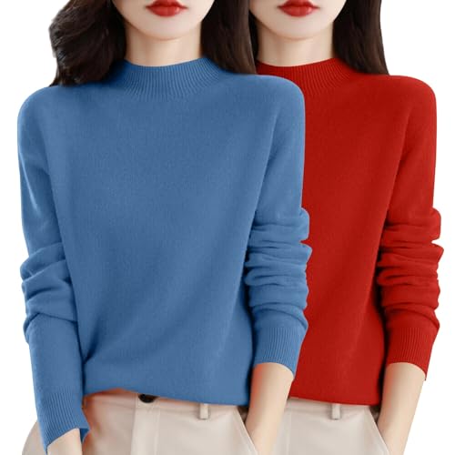 Generisch 2Er Pack Damen Pullover Herbst - Merinowolle Strickpullover Winter Rundhals Pulli Langarm Sweatshirt Einfarbiger Sweatshirts Ohne Kapuze Winterpullover Warm Strickpulli Winter Wollpullover von Generisch