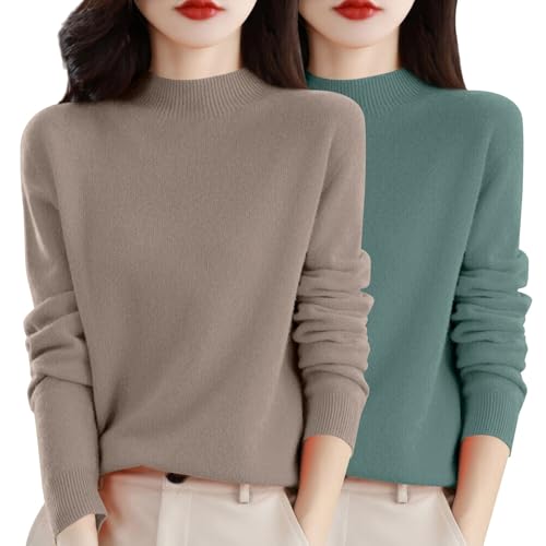 Generisch 2Er Pack Damen Pullover Herbst - Merinowolle Strickpullover Winter Rundhals Pulli Langarm Sweatshirt Einfarbiger Sweatshirts Ohne Kapuze Winterpullover Warm Strickpulli Winter Wollpullover von Generisch