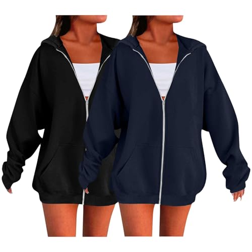 Generisch 2PC Sweatjacke Damen Langarm Kapuzenjacke Oversize Zipper Sportjacke Mit Kapuze Hoodie Jacke Leichte Hoodies Sportjacken Casual Style Bomberjacke (K, XXL) von Generisch