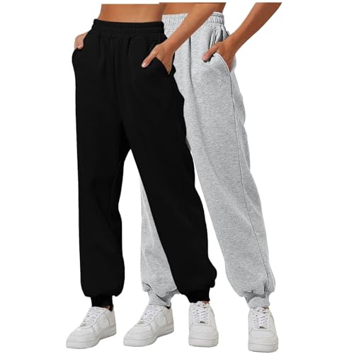 Generisch 2er-Pack Damen Jogginghose Sporthose Freizeithose Laufhosen Trainingshose mit CinchBottom Taschen Frauen Einfarbiger Trainingsanzug Baggy Hose mit elastischer Taille für (BK12-1, S) von Generisch