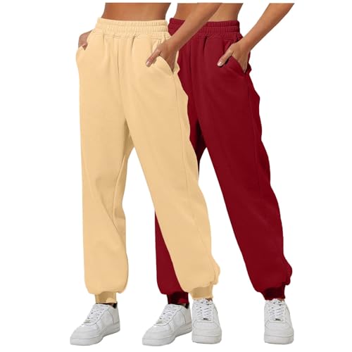 Generisch 2er-Pack Damen Jogginghose Sporthose Freizeithose Laufhosen Trainingshose mit CinchBottom Taschen Frauen Einfarbiger Trainingsanzug Baggy Hose mit elastischer Taille für (KH4-1, M) von Generisch