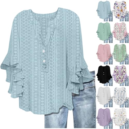 Generisch 3/4 Arm Tunika Damen Sommer V-Ausschnitt Bluse Damen Ösenstoff Locker Oberteile Bluse Lässige Boho Tshirt Blusen Elegant Basic Tops T-Shirt Knöpfe Langarm Blumen Tunika Longshirt Baumwolle von Generisch