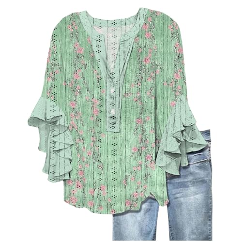 Generisch 3/4 Arm Tunika Damen Sommer V-Ausschnitt Bluse Damen Ösenstoff Locker Oberteile Bluse Lässige Boho Tshirt Blusen Elegant Basic Tops T-Shirt Knöpfe Langarm Blumen Tunika Longshirt Baumwolle von Generisch