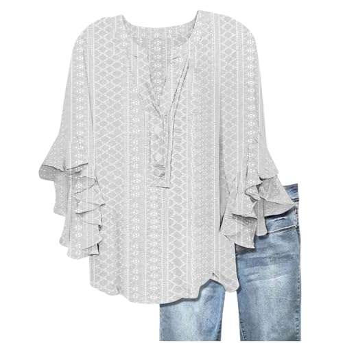 Generisch 3/4 Arm Tunika Damen Sommer V-Ausschnitt Bluse Damen Ösenstoff Locker Oberteile Bluse Lässige Boho Tshirt Blusen Elegant Basic Tops T-Shirt Knöpfe Langarm Blumen Tunika Longshirt Baumwolle von Generisch