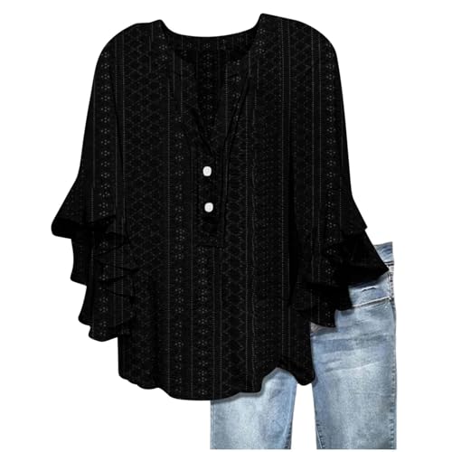Generisch 3/4 Arm Tunika Damen Sommer V-Ausschnitt Bluse Damen Ösenstoff Locker Oberteile Bluse Lässige Boho Tshirt Blusen Elegant Basic Tops T-Shirt Knöpfe Langarm Blumen Tunika Longshirt Baumwolle von Generisch