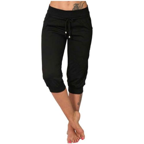 Generisch 3/4 Hose Damen Casual Sommerhose Baumwolle Cargohosen Leichte Frau Jogginghosen Einfarbige Retro Yogahose Sporthosen Sweatpants Yoga Hose Schwarz XXL von Generisch