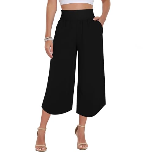 Generisch 3/4 Hose Damen Elegant Sommerhose Baumwolle Cargohose Mode Frau Jogginghose Einfarbige Relaxhose Freizeithose Lockere Hose Kariert Schwarz M von Generisch