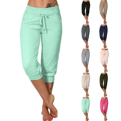Generisch 3/4 Hose Damen Freizeit Sommerhosen Baumwolle Cargohose Leichte Frauen Jogginghose Bootcut Arbeitshosen Schlupfhose Schlaghosen Sport Hosen Grün XXL von Generisch