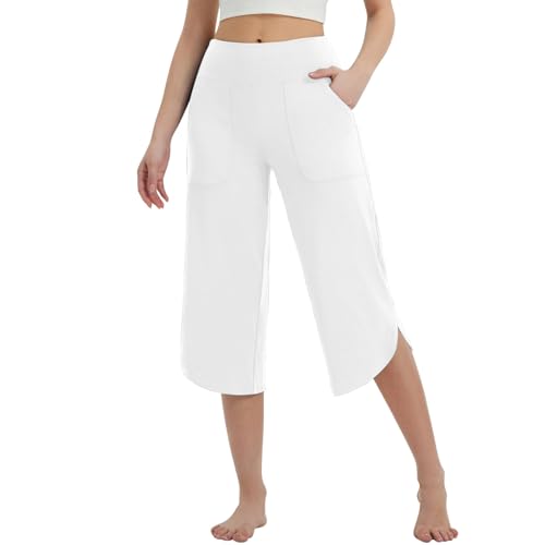 Generisch 3/4 Hose Damen Leichte Sommerhose Baumwolle Cargohose Frau Jogginghose Einfarbige Stretch Yogahose Anzughose Strandhose Slim Fit Breites Hosen Weiß XL von Generisch