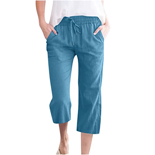 Generisch 3/4 Hose Damen Leinenhose Baggy Sommerhose Leinen Cargohose Musselin Pants Women Jogginghose Einfarbige Lose Arbeitshose Sale Sporthosen Wide Leg Hose Kariert Prime Dunkelblau M von Generisch
