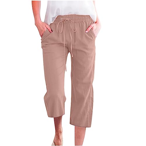 Generisch 3/4 Hose Damen Leinenhose Casual Sommerhose Leinen Cargohose Frau Jogginghose Basic Trainingshose Yogahose Wanderhose Lockere Wide Leg Hose Roségold XL von Generisch
