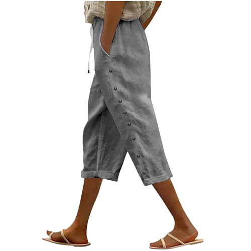 Generisch 3/4 Hose Damen Leinenhose Casual Sommerhosen Leinen Cargohosen 2025 Frau Jogginghose Bequem Relaxhose Fahrrad Regenhose Stoffhose Weite Hip Hop Hose Grau L von Generisch