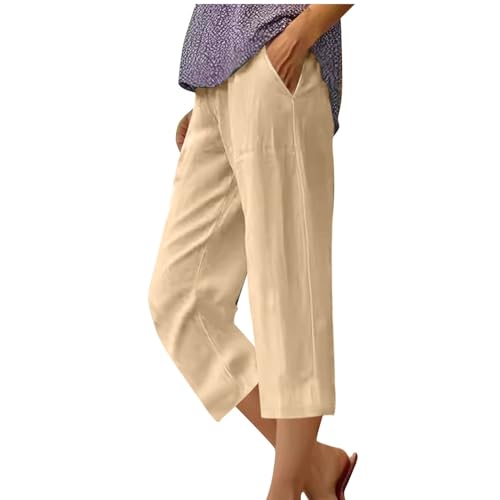 Generisch 3/4 Hose Damen Leinenhose Casual Sommerhosen Leinen Cargohosen Leicht Frau Jogginghosen Basic Sporthose Strandhose Arbeitshosen Oversized Cargo Hosen Beige L von Generisch