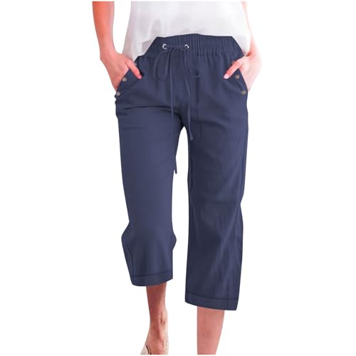 Generisch 3/4 Hose Damen Leinenhose Leicht Sommerhosen Baumwolle Cargohosen 2025 Frauen Jogginghose Einfarbig Vintage Stoffhose Pumphose Weite Chino Hose Marine L von Generisch