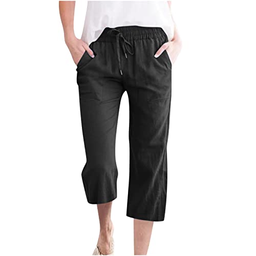 Generisch 3/4 Hose Damen Leinenhose Leichte Sommerhose Leinen Cargohosen 2025 Frau Jogginghosen Elegante Outdoorhose Laufhose Sporthose Lockere Cargo Hosen Schwarz M von Generisch