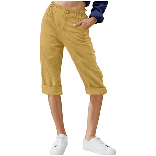 Generisch 3/4 Hose Damen Leinenhose Sommer Sommerhose Baumwolle Cargohose Freizeit Frauen Jogginghose Einfarbig Bequeme Strandhose Stoffhose Lang Breite Hosen Gelb XL von Generisch