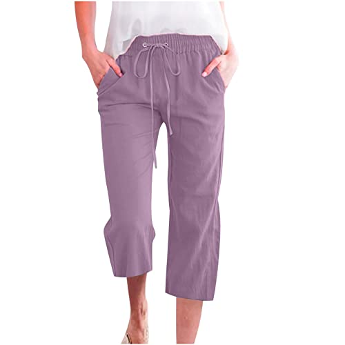 Generisch 3/4 Hose Damen Leinenhose Sommer Sommerhose Baumwolle Leinen Cargohose Frau Jogginghosen Leichte Arbeitshose Sweathose Cargo Hosen Lila M von Generisch