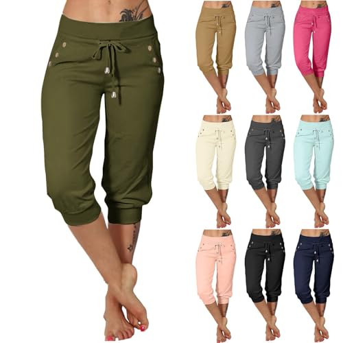 Generisch 3/4 Hose Damen Sommer Cargo - High Waist Caprihose Sporthose Jogginghose Mit Taschen Elegant Pants Sommerhose Stretch Cargohose Bequem Capri Hose Relaxed Fit Freizeithose Yoga Hose von Generisch