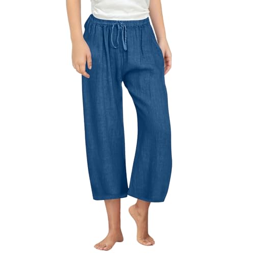 Generisch 3/4 Lange Hosen Mädchen Elegant Baumwolle Leinenhose Leichte Leinen Sommerhose Casual Einfarbig Palazzo Hose Hohe Taille Weite Stoffhose mit Taschen Musselin Strandhose Freizeithose von Generisch
