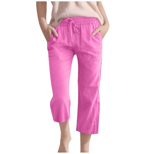 Generisch 3/4 Lange Leinenhose Kinder Mädchen Sommer Baumwolle Leinen Hose Lässige Weitem Bein Strandhose Leicht Einfarbig Jogginghose Hohe Taille Freizeithosen mit Taschen Sommerhose für Outdoor von Generisch