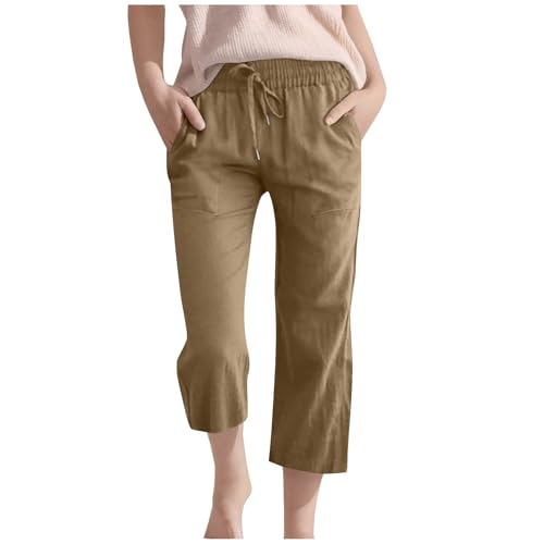 Generisch 3/4 Lange Leinenhose Kinder Mädchen Sommer Baumwolle Leinen Hose Lässige Weitem Bein Strandhose Leicht Einfarbig Jogginghose Hohe Taille Freizeithosen mit Taschen Sommerhose für Outdoor von Generisch