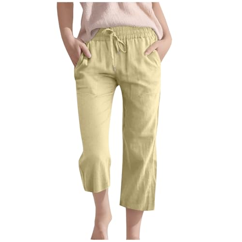Generisch 3/4 Lange Leinenhose Kinder Mädchen Sommer Baumwolle Leinen Hose Lässige Weitem Bein Strandhose Leicht Einfarbig Jogginghose Hohe Taille Freizeithosen mit Taschen Sommerhose für Outdoor von Generisch