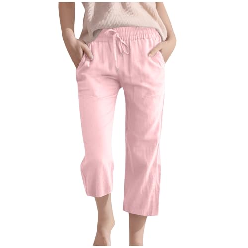 Generisch 3/4 Lange Leinenhose Kinder Mädchen Sommer Baumwolle Leinen Hose Lässige Weitem Bein Strandhose Leicht Einfarbig Jogginghose Hohe Taille Freizeithosen mit Taschen Sommerhose für Outdoor von Generisch