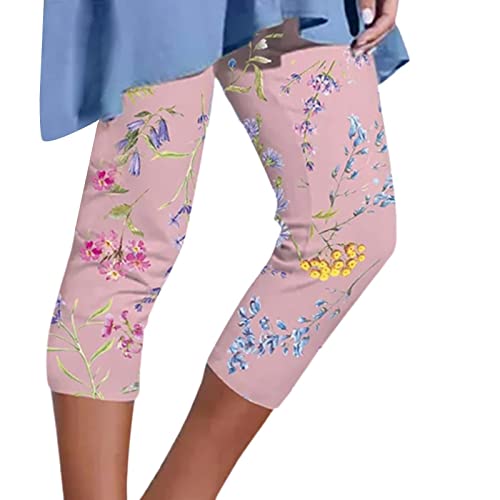 Generisch 3/4 Sporthose Damen High Waist Leggings Capri Blickdicht Yogahosen Bunte Blumen Jogginghose mit Taschen Laufhose Outdoor Freizeithose Damen Capri Yoga Leggings， Rosa， XXL von Generisch